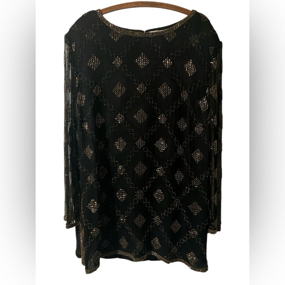 Papell Boutique Evening Silk Beaded Blouse Size 2X Formal Wedding Black Tie